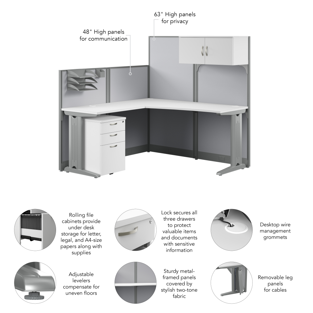 Shop Bush Business Furniture Office in an Hour 65W L Shaped Cubicle Desk with Storage, Drawers, and Organizers, Image 08, WC36194-03STGK, #color_pure white
