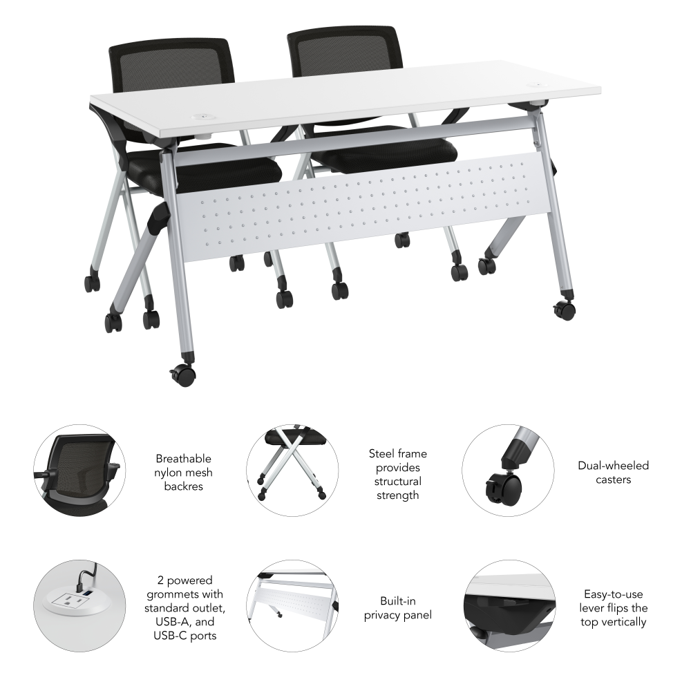 Shop Bush Business Furniture Envision 60W Training Table with Powered Grommets and 2 Chairs with Arms, Image 06, NVS005WH, #color_white/cool gray metallic