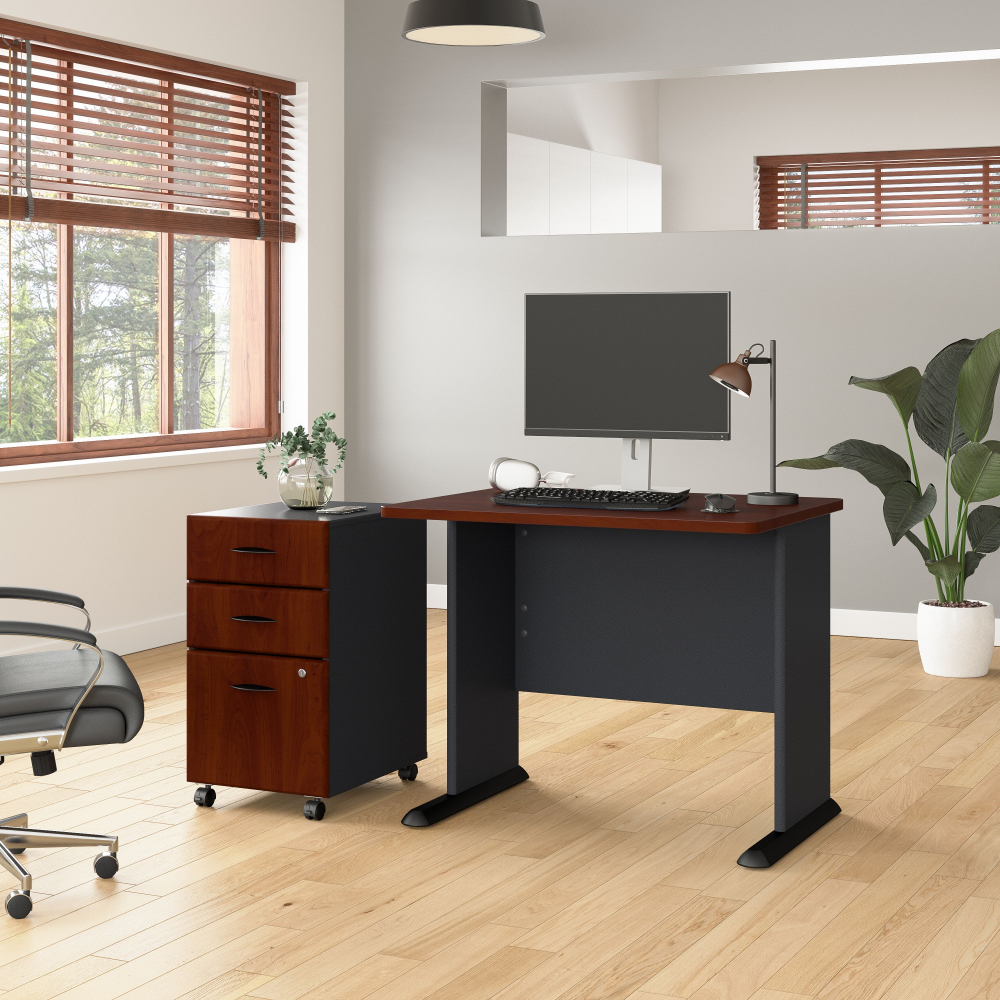 Shop Bush Business Furniture Series A 36W Desk with Mobile File Cabinet, Image 02, SRA024HCSU, #color_hansen cherry/galaxy