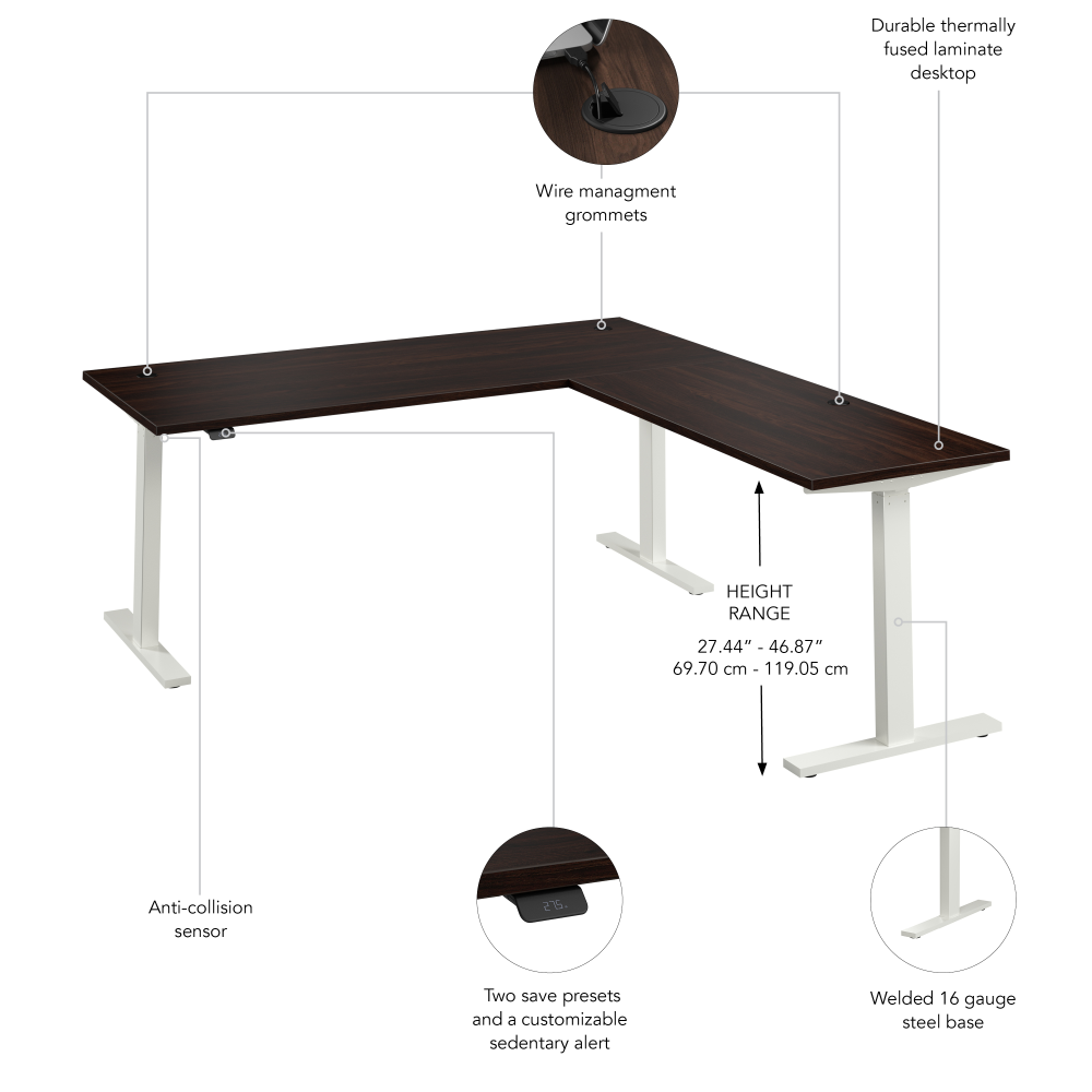 Shop Bush Business Furniture Move 60 Series 72W Height Adjustable L Shaped Standing Desk, Image 06, M6SL7278BWWK, #color_black walnut/white powder coat