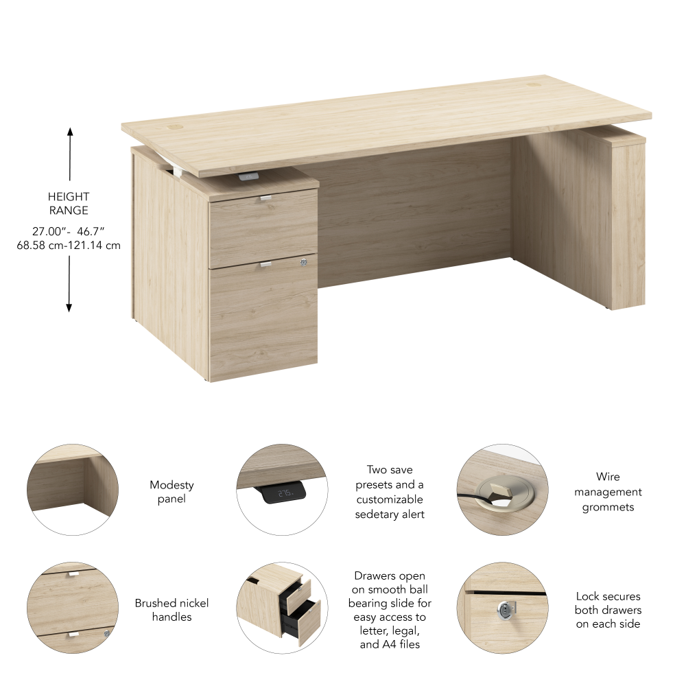 Shop Bush Business Furniture Stratus 72W x 30D Eletric Height Adjustable Standing Desk with File Cabinet, Image 07, SUT008NE, #color_natural elm