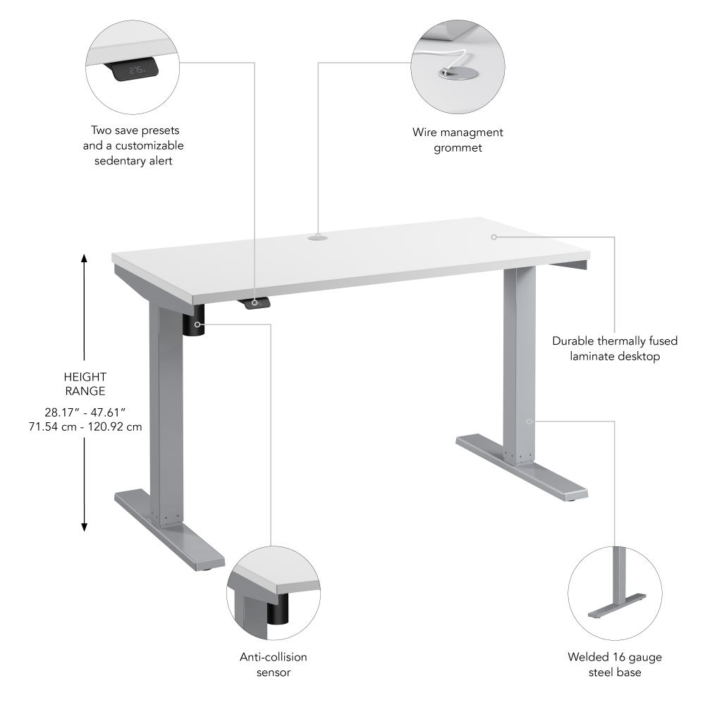 Shop Bush Business Furniture Move 40 Series 48W x 24D Electric Height Adjustable Standing Desk, Image 06, M4S4824WHSK, #color_white/cool gray metallic