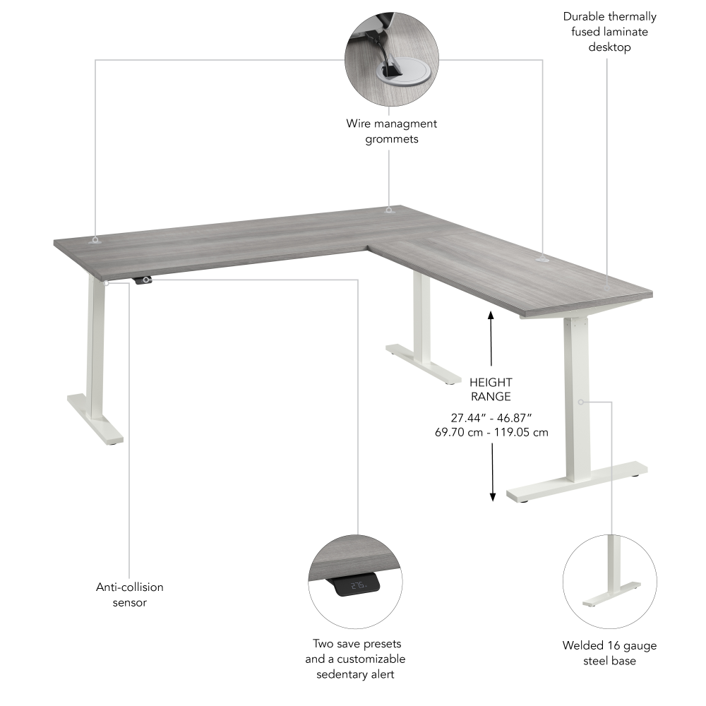 Shop Bush Business Furniture Move 60 Series 72W Height Adjustable L Shaped Standing Desk, Image 06, M6SL7278PGWK, #color_platinum gray/white powder coat