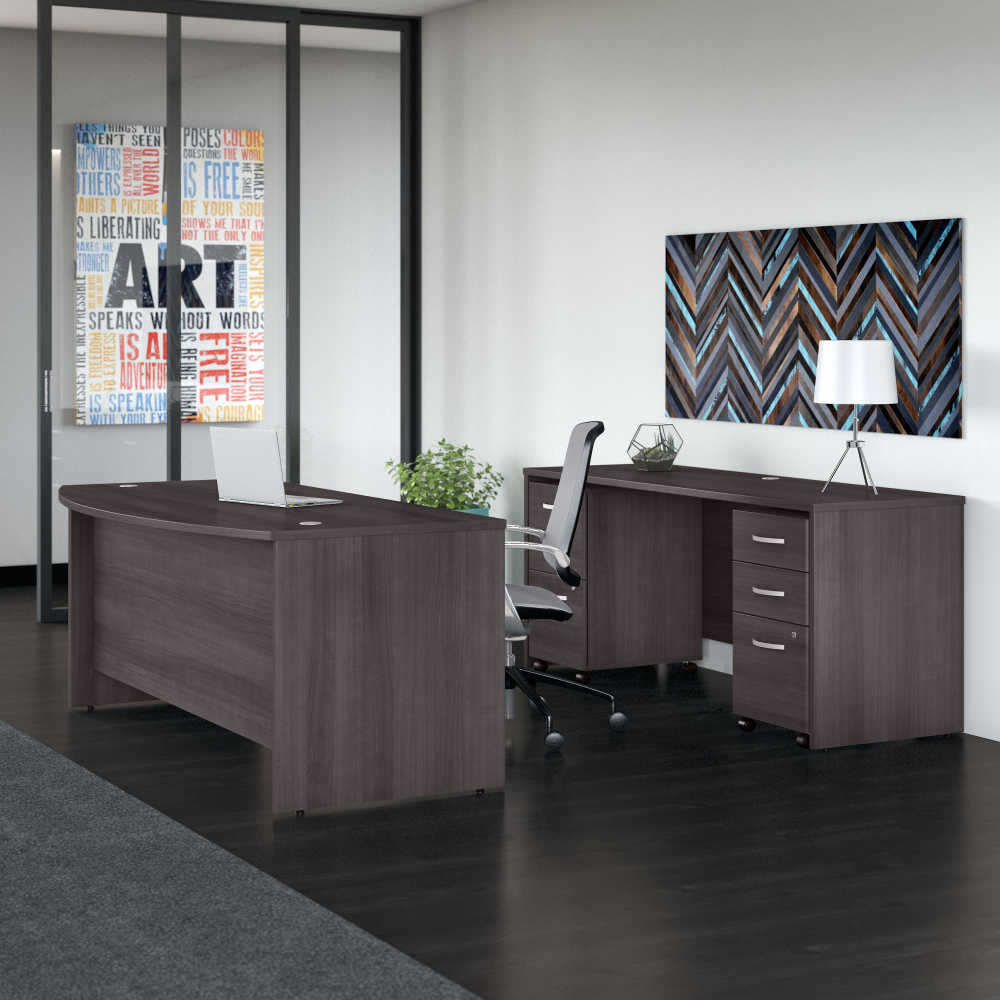 Shop Bush Business Furniture Studio C 72W x 36D Bow Front Desk and Credenza with Mobile File Cabinets, Image 02, STC009SGSU, #color_storm gray