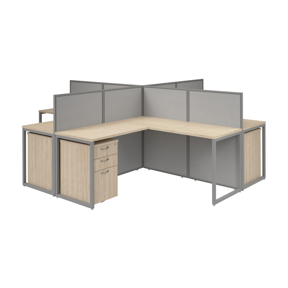 Shop Bush Business Furniture Easy Office 60-inch 4 Person L Shaped Cubicle Desk with Drawers and Low Panels, Image 01, EOD760SNE-03K, #color_natural elm/silver gray fabric
