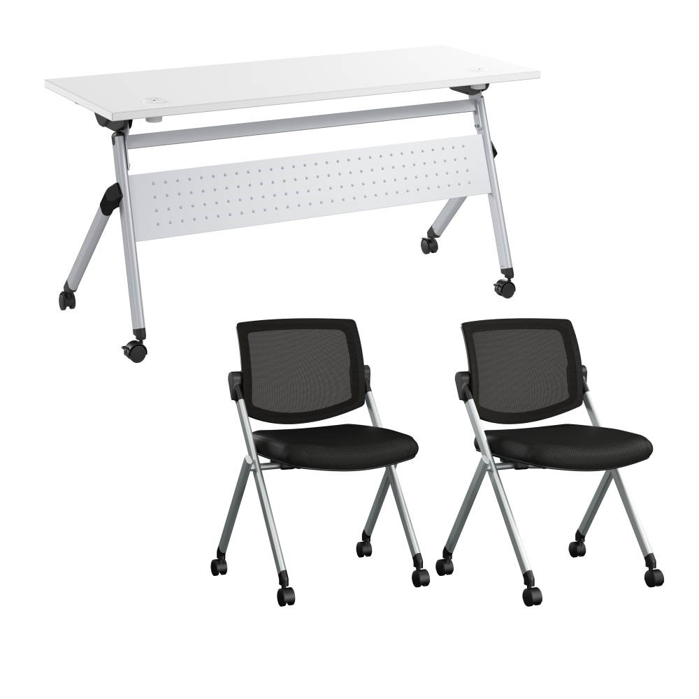 Shop Bush Business Furniture Envision 60W Folding Training Table with Powered Grommets and 2 Chairs, Image 01, NVS007WH, #color_white/cool gray metallic