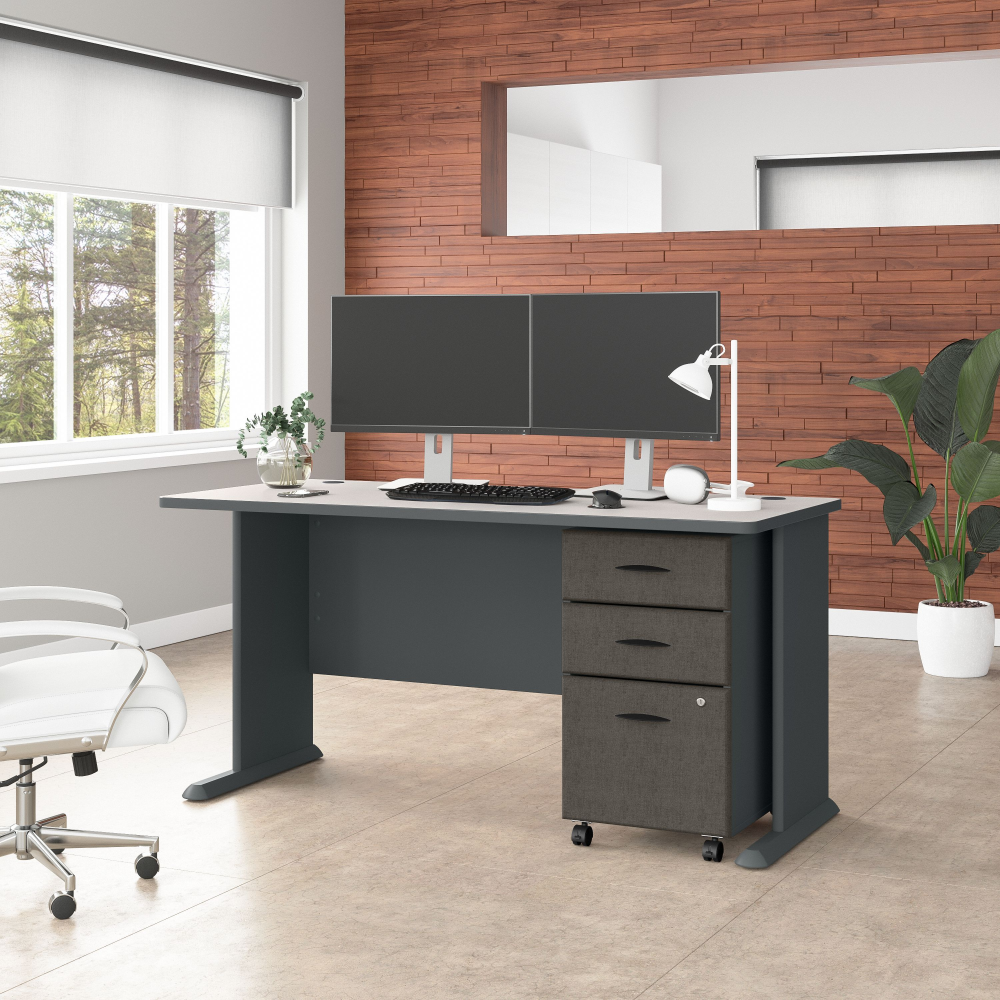 Shop Bush Business Furniture Series A 60W Desk with Mobile File Cabinet, Image 02, SRA003SLSU, #color_slate/white spectrum