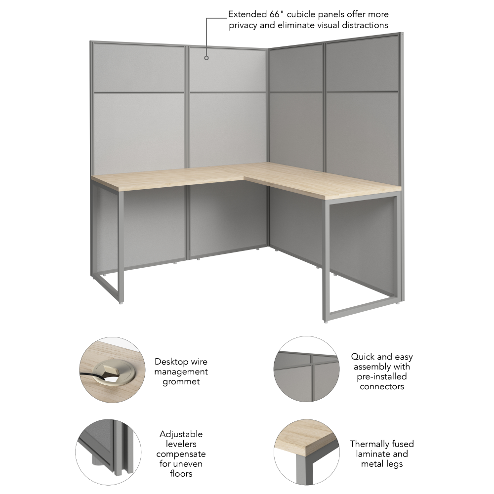 Shop Bush Business Furniture Easy Office 60-inch L Shaped Cubicle Desk with Tall Panels, Image 06, EODH360NE-03K, #color_natural elm/silver gray fabric