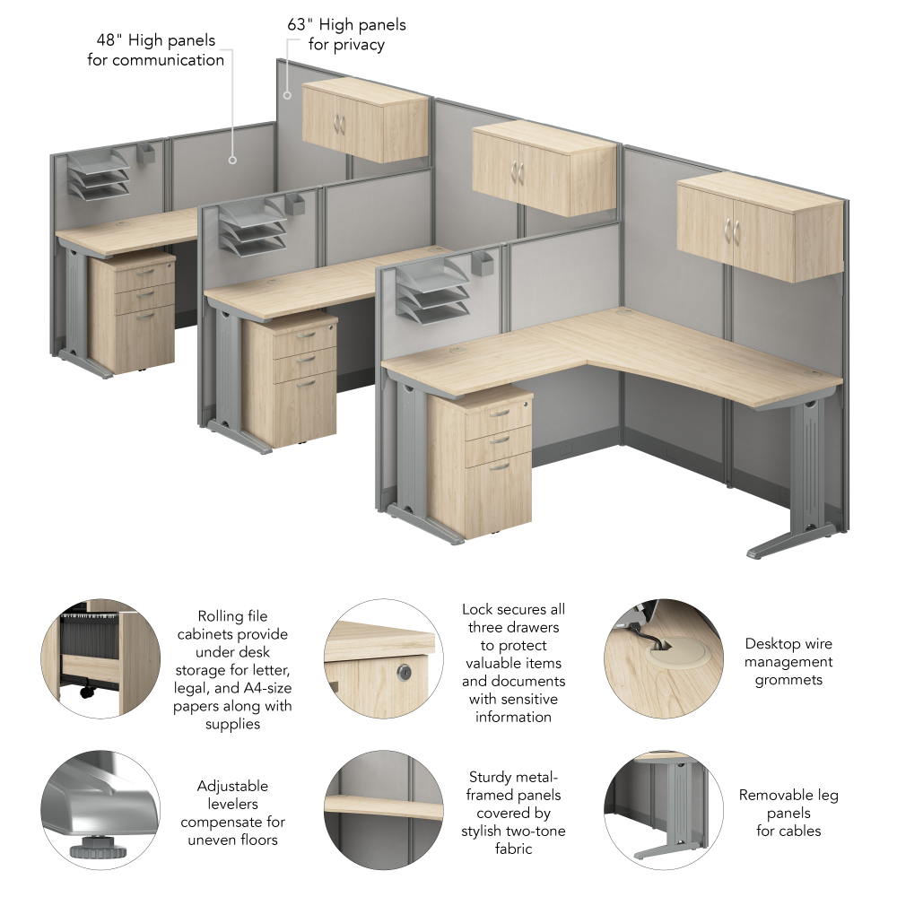 Shop Bush Business Furniture Office in an Hour 3 Person L Shaped Cubicle Desks with Storage, Drawers, and Organizers, Image 07, OIAH006NE, #color_natural elm