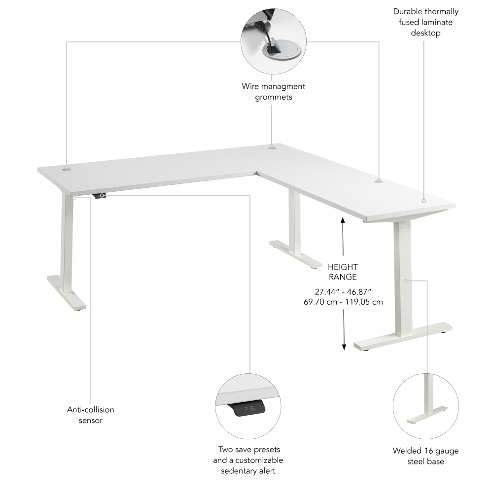 Shop Bush Business Furniture Move 60 Series 72W Height Adjustable L Shaped Standing Desk, Image 06, M6SL7278WHWK, #color_white/white powder coat