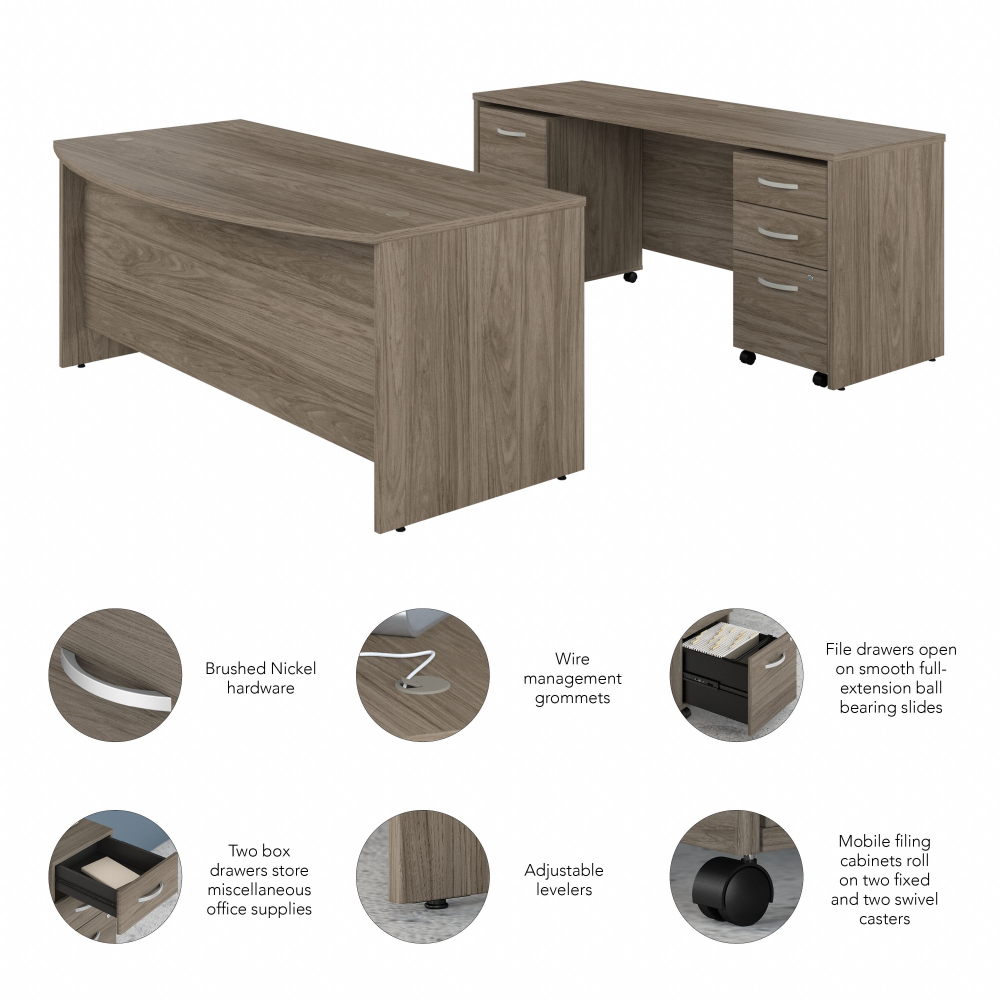 Shop Bush Business Furniture Studio C 72W x 36D Bow Front Desk and Credenza with Mobile File Cabinets, Image 06, STC009MHSU, #color_modern hickory