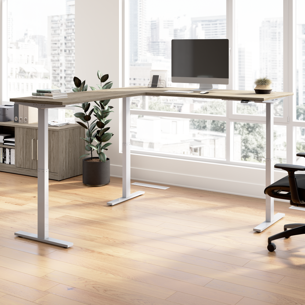 Shop Bush Business Furniture Move 60 Series 72W Height Adjustable L Shaped Standing Desk, Image 02, M6SL7278MHSK, #color_modern hickory/cool gray metallic