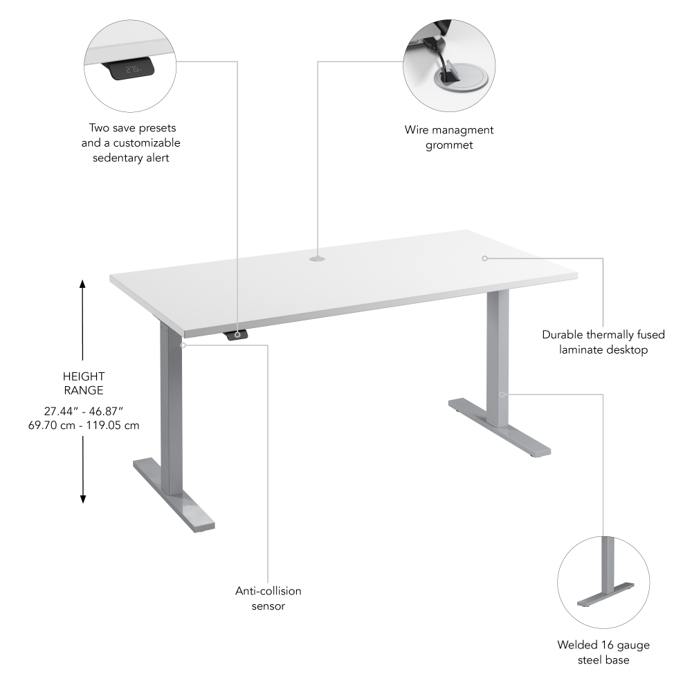 Shop Bush Business Furniture Move 60 Series 60W x 30D Electric Height Adjustable Standing Desk, Image 06, M6S6030WHSK, #color_white/cool gray metallic