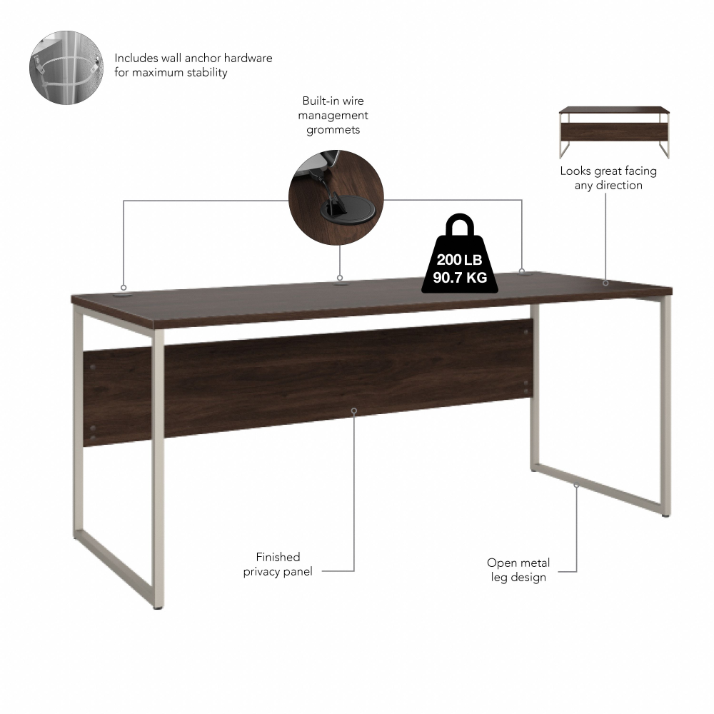 Shop Bush Business Furniture Hybrid 72W x 30D Computer Table Desk with Metal Legs, Image 09, HYD373BW, #color_black walnut