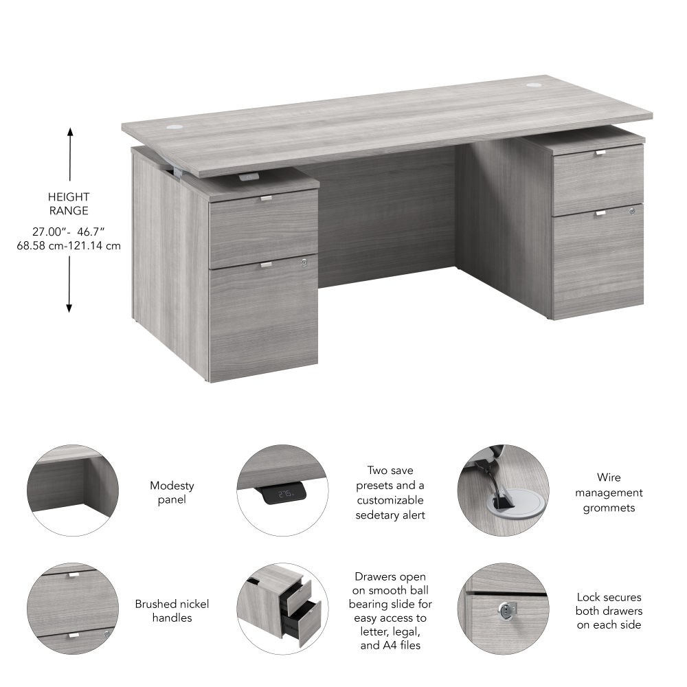 Shop Bush Business Furniture Stratus 72W x 30D Electric Standing Desk with Drawers and Modesty Panel, Image 07, SUT012PG, #color_platinum gray