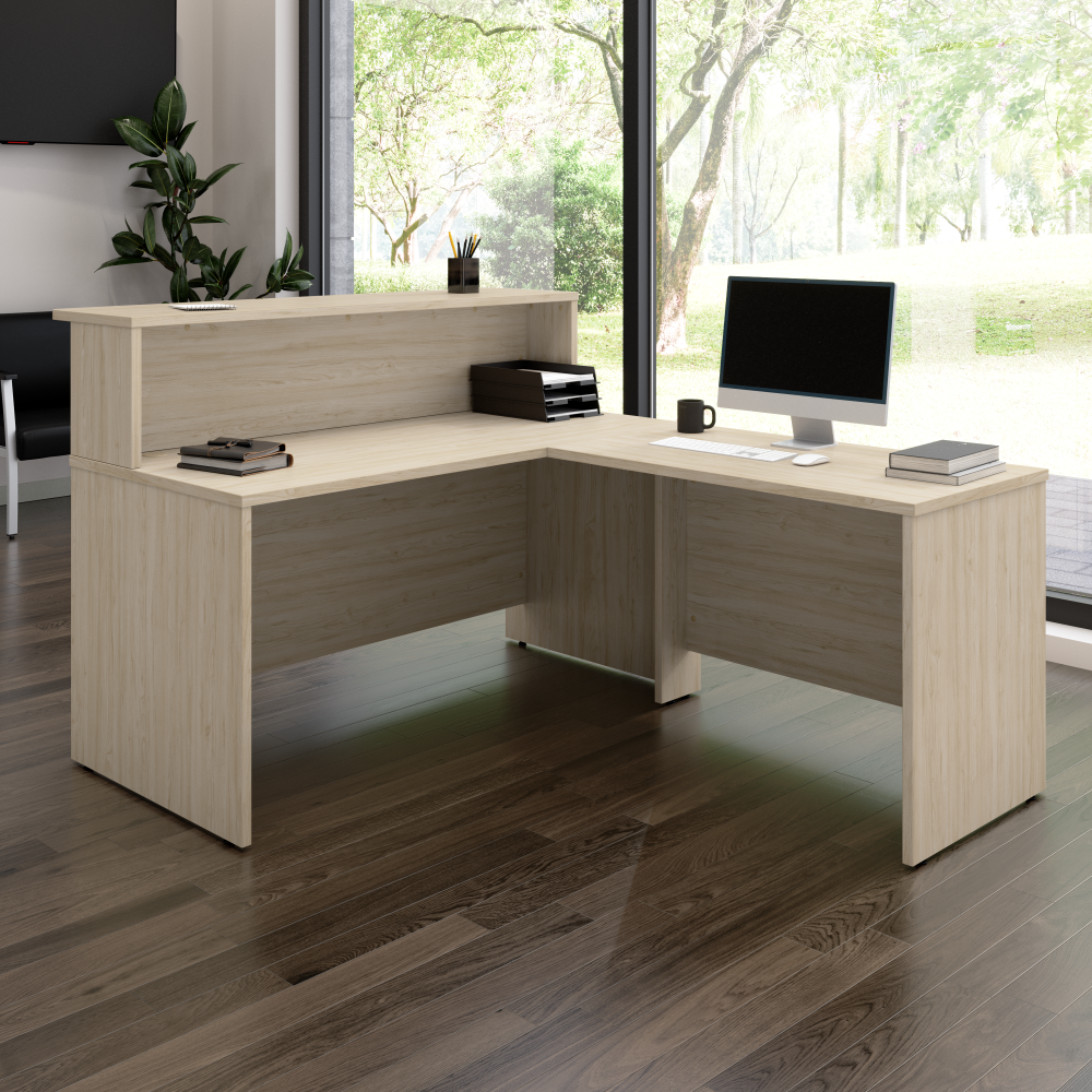 Shop Bush Business Furniture Arrive 60W x 72D L Shaped Reception Desk with Shelf, Image 02, ARV003NE, #color_natural elm