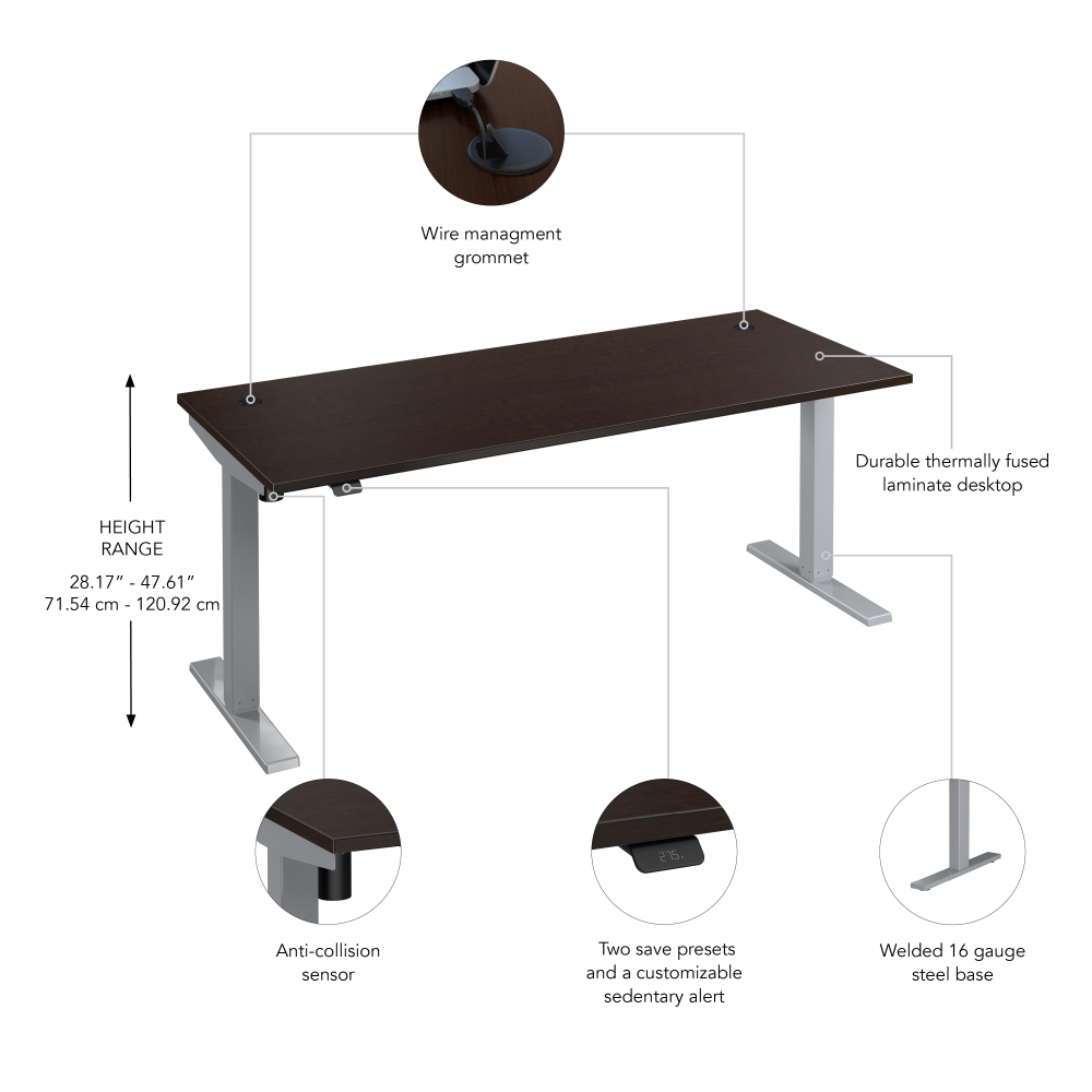 Shop Bush Business Furniture Move 40 Series 72W x 30D Electric Height Adjustable Standing Desk, Image 06, M4S7230MRSK, #color_mocha cherry/cool gray metallic