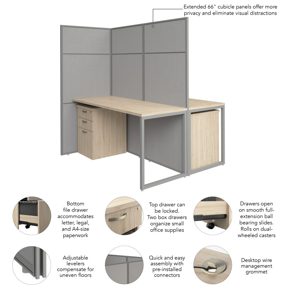 Shop Bush Business Furniture Easy Office 60-inch 2 Person Cubicle Desk with Drawers and Tall Panels, Image 07, EODH46SNE-03K, #color_natural elm/silver gray fabric