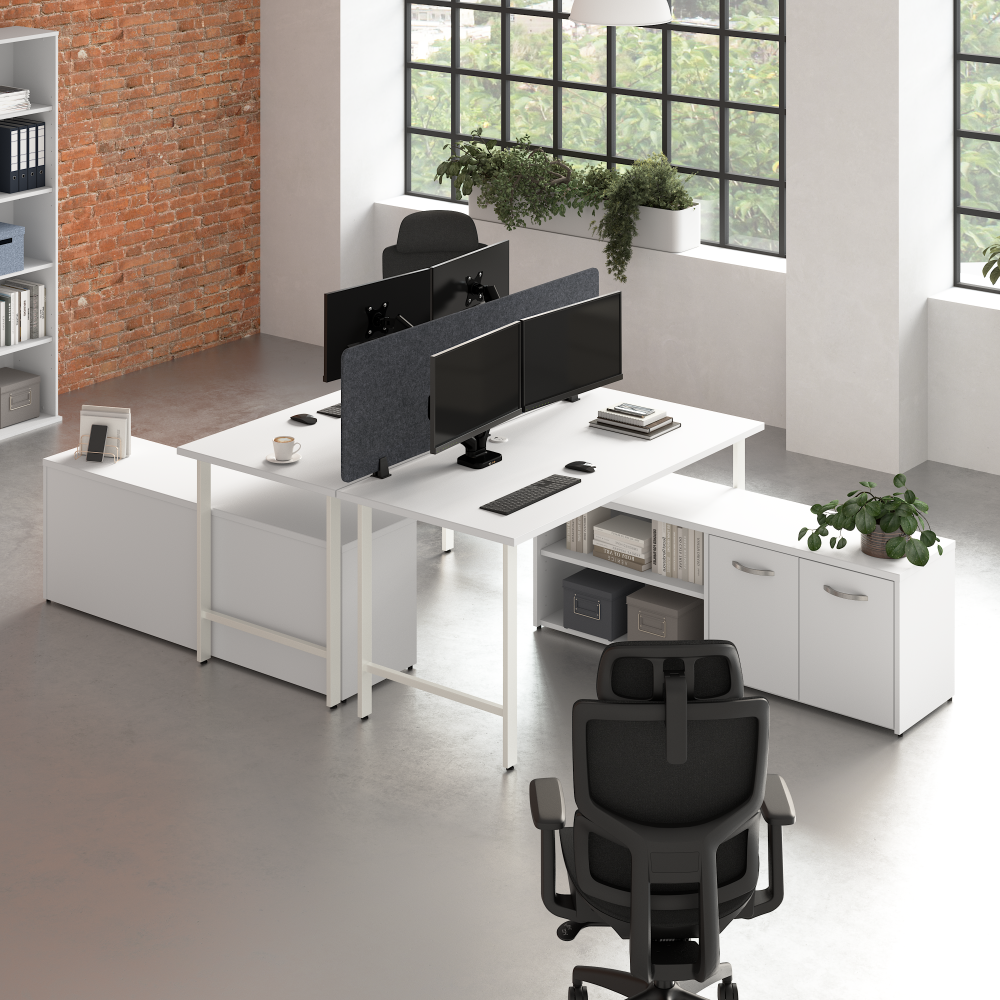 Shop Bush Business Furniture Hustle 2 Person Computer Desk with Low Storage Cabinets, Power Grommets, and Privacy Screen, Image 02, HUS015WH, #color_white