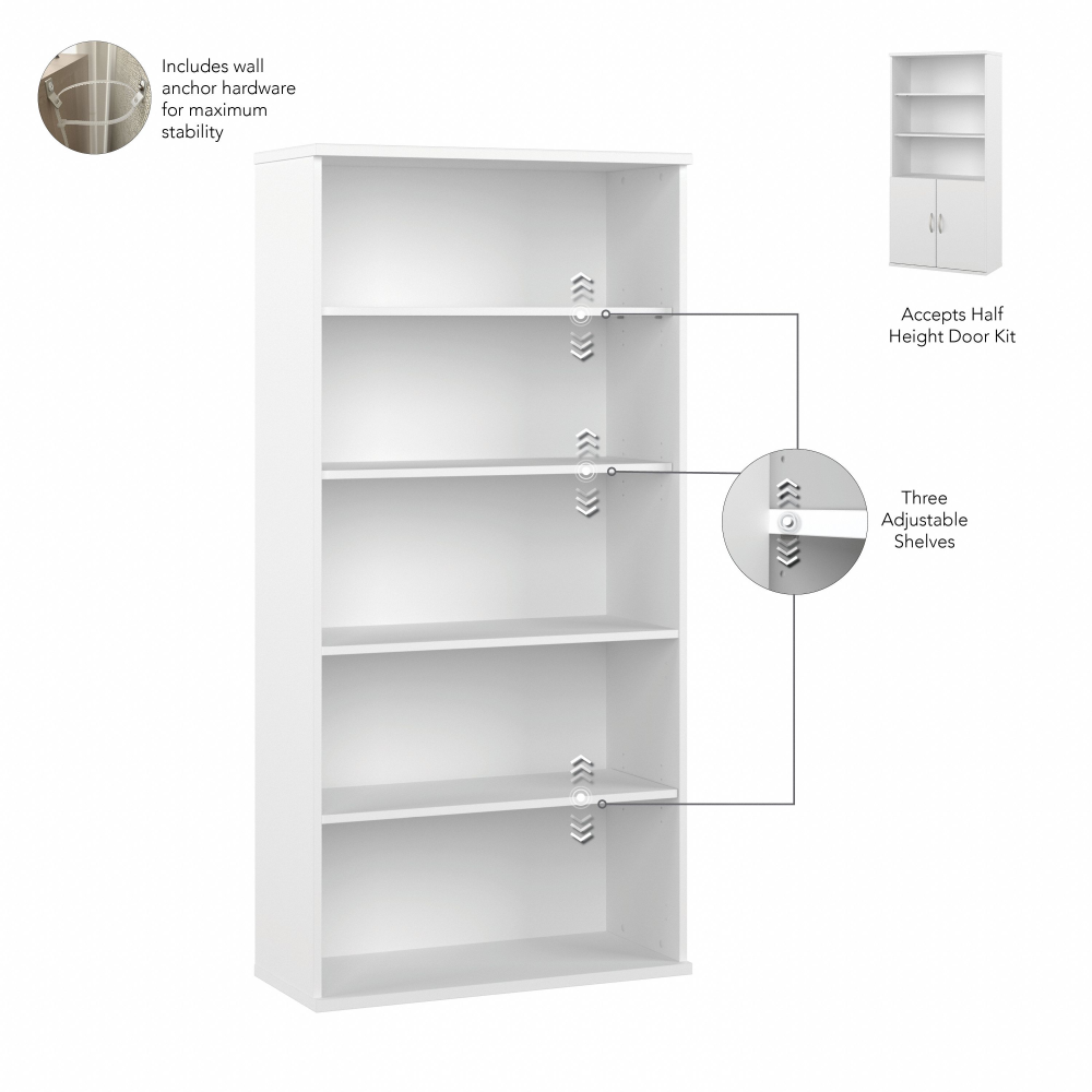 Shop Bush Business Furniture Hybrid Tall 5 Shelf Bookcase with Doors, Image 07, HYB024WH, #color_white
