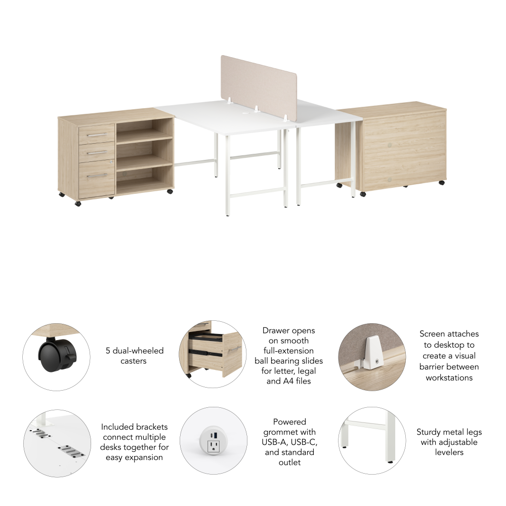 Shop Bush Business Furniture Hustle 2 Person Computer Desk with Mobile Storage Cabinets, Power Grommets, and Privacy Screen, Image 06, HUS016WHNE, #color_white/natural elm