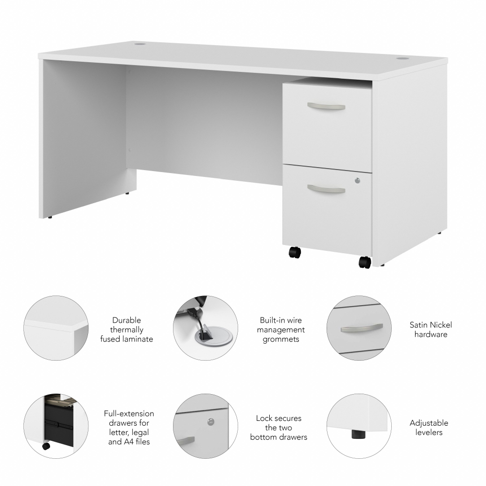 Shop Bush Business Furniture Studio C 66W x 30D Office Desk with 2 Drawer Mobile File Cabinet, Image 03, STC071WHSU, #color_white
