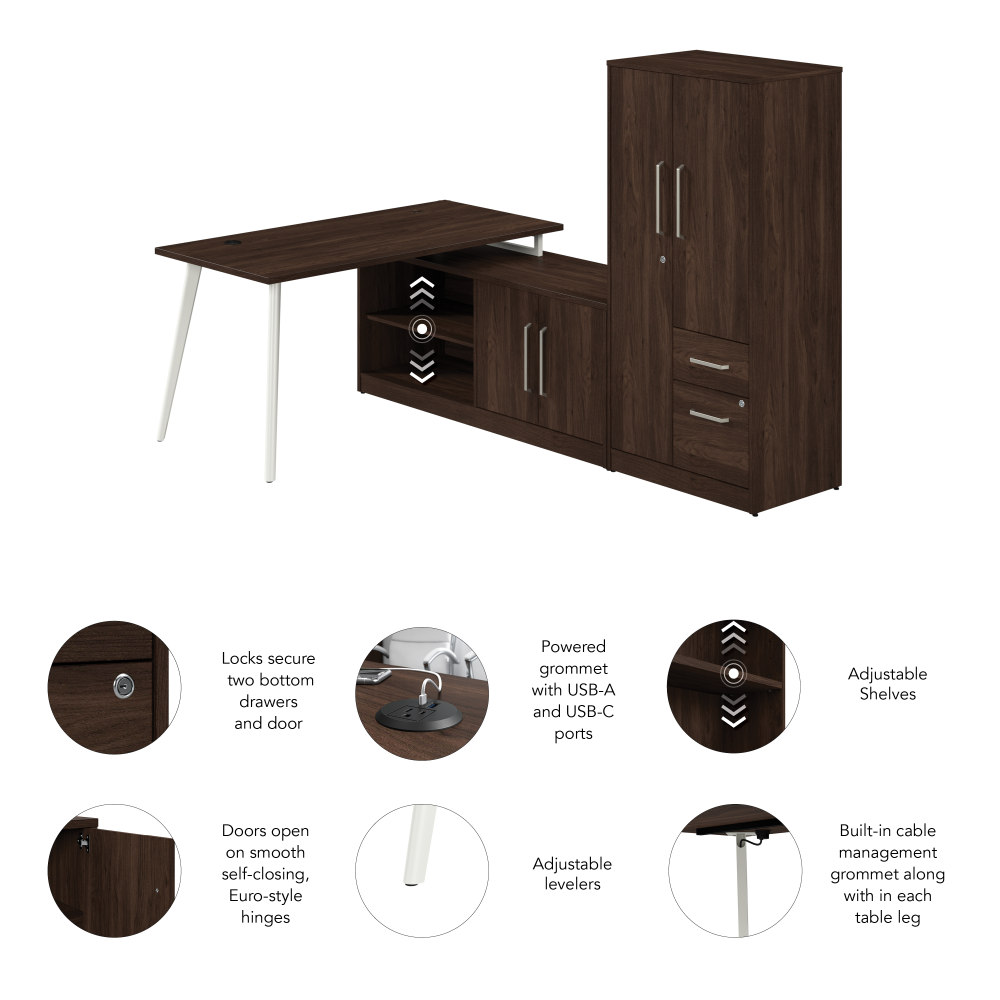 Shop Bush Business Furniture Vista 60W L Shaped Desk with Metal Legs, Low Storage Cabinet, and Wardrobe, Image 06, VST010BW, #color_black walnut