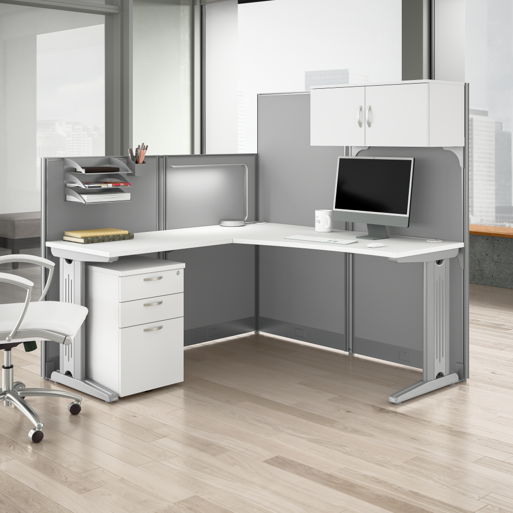 Shop Bush Business Furniture Office in an Hour 65W L Shaped Cubicle Desk with Storage, Drawers, and Organizers, Image 02, WC36194-03STGK, #color_pure white