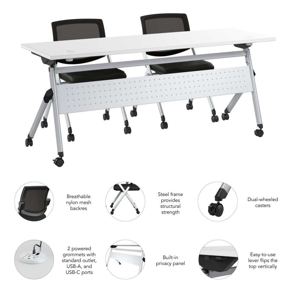 Shop Bush Business Furniture Envision 72W Folding Training Table with Powered Grommets and 2 Chairs, Image 06, NVS008WH, #color_white/cool gray metallic