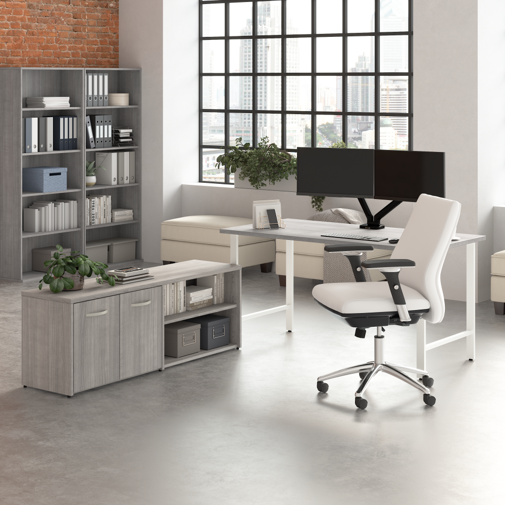 Shop Bush Business Furniture Hustle 60W x 30D Computer Desk and Low Storage Cabinet with Doors and Shelves, Image 02, HUS011PG, #color_platinum gray