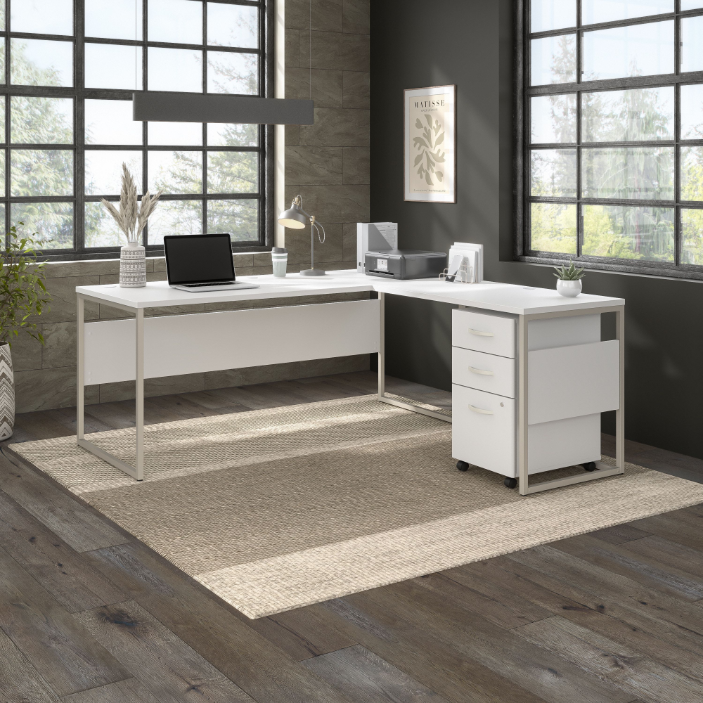 Shop Bush Business Furniture Hybrid 72W x 30D L Shaped Table Desk with Mobile File Cabinet, Image 02, HYB028WHSU, #color_white