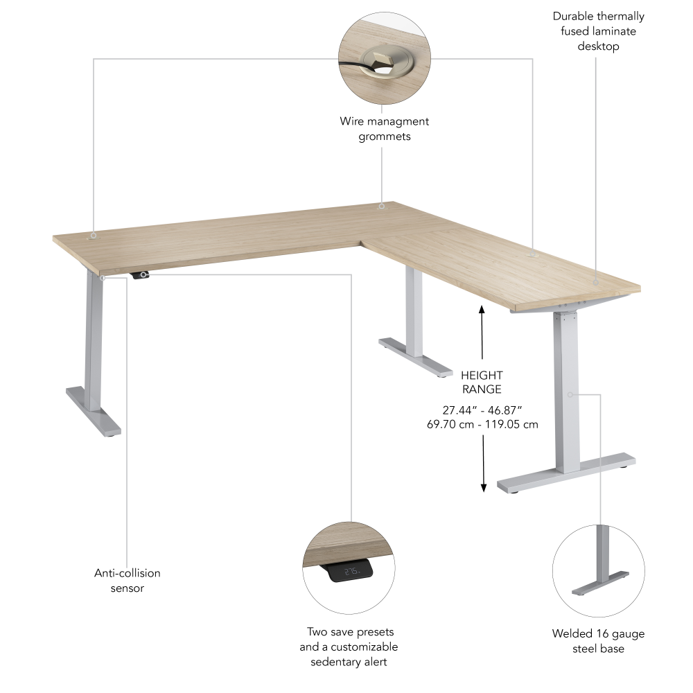 Shop Bush Business Furniture Move 60 Series 72W Height Adjustable L Shaped Standing Desk, Image 06, M6SL7278NESK, #color_natural elm/cool gray metallic