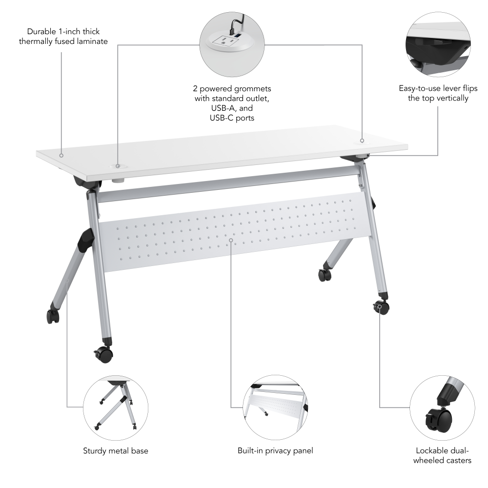 Shop Bush Business Furniture Envision 60W Folding Training Table with Powered Grommets, Image 06, NVS009WH, #color_white/cool gray metallic
