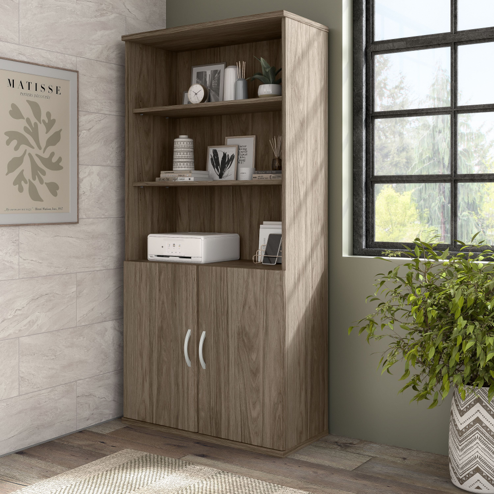 Shop Bush Business Furniture Hybrid Tall 5 Shelf Bookcase with Doors, Image 02, HYB024MH, #color_modern hickory