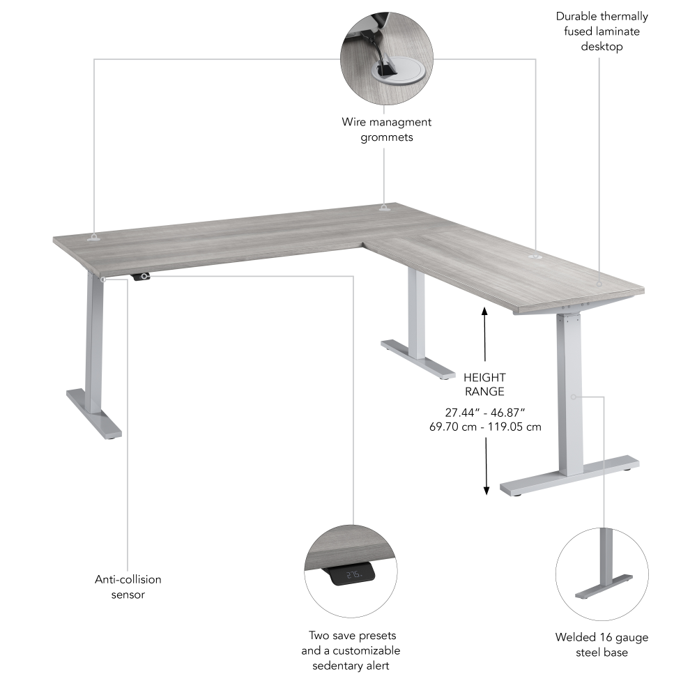 Shop Bush Business Furniture Move 60 Series 72W Height Adjustable L Shaped Standing Desk, Image 06, M6SL7278PGSK, #color_platinum gray/cool gray metallic