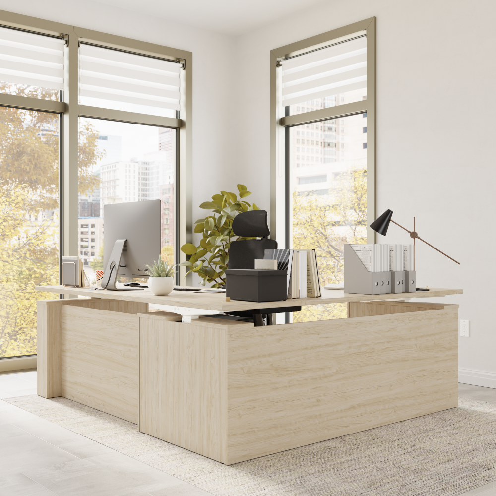 Shop Bush Business Furniture Stratus 72W x 78D Electric Height Adjustable L Shaped Standing Desk, Image 06, SUT014NE, #color_natural elm