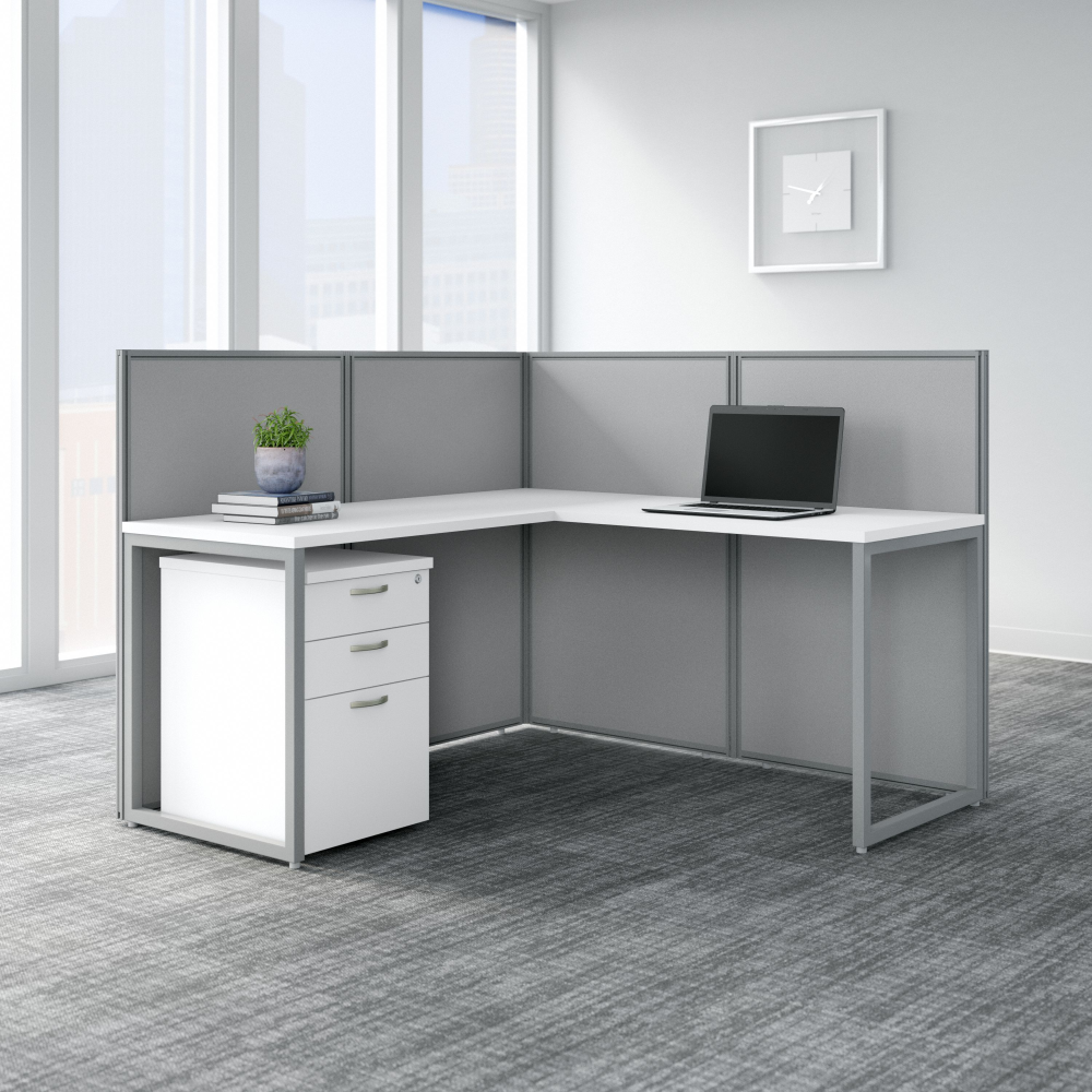Shop Bush Business Furniture Easy Office 60W L Shaped Cubicle Desk with File Cabinet and 45H Panels, Image 02, EOD360SWH-03K, #color_pure white/silver gray fabric