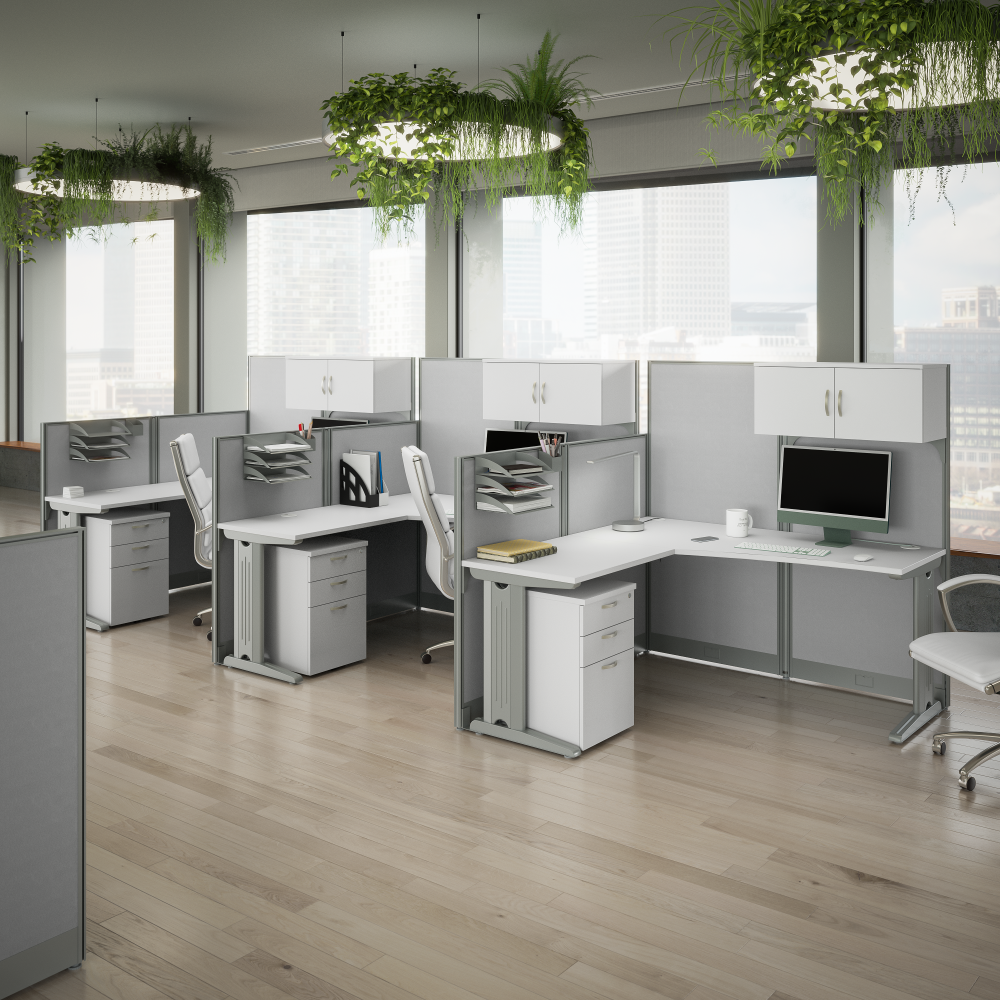 Shop Bush Business Furniture Office in an Hour 3 Person L Shaped Cubicle Desks with Storage, Drawers, and Organizers, Image 02, OIAH006WH, #color_pure white