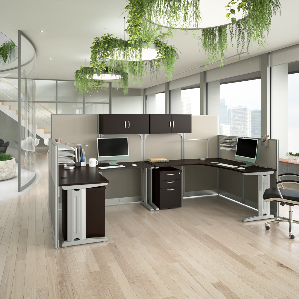 Shop Bush Business Furniture Office in an Hour 2 Person L Shaped Cubicle Desks with Storage, Drawers, and Organizers, Image 02, OIAH008MR, #color_mocha cherry