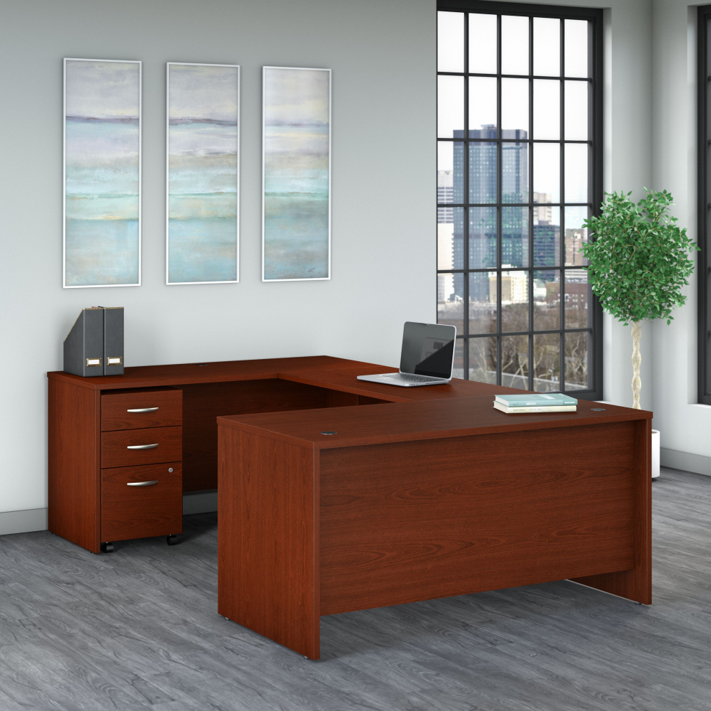 Shop Bush Business Furniture Series C 60W U Shaped Desk with 3 Drawer Mobile File Cabinet, Image 02, SRC148MASU, #color_mahogany