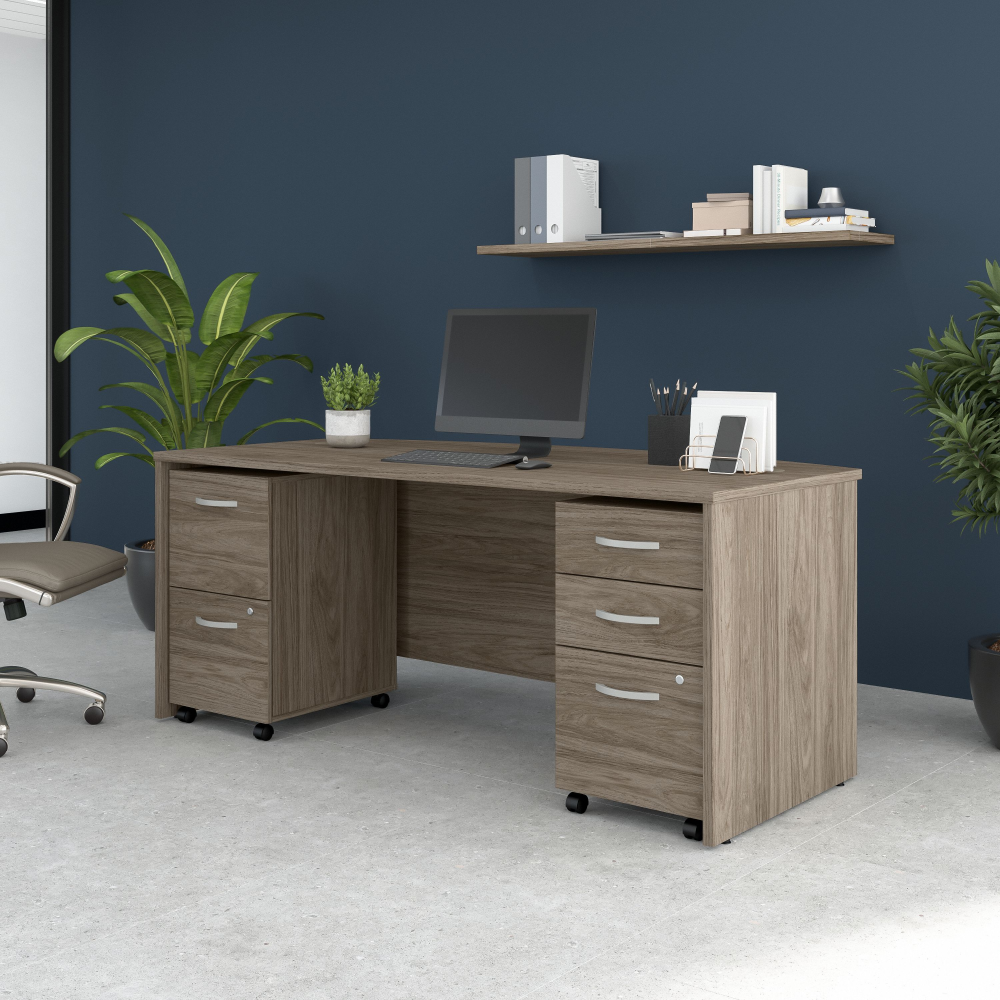 Shop Bush Business Furniture Studio C 72W x 36D Bow Front Desk with Mobile File Cabinets, Image 02, STC012MHSU, #color_modern hickory
