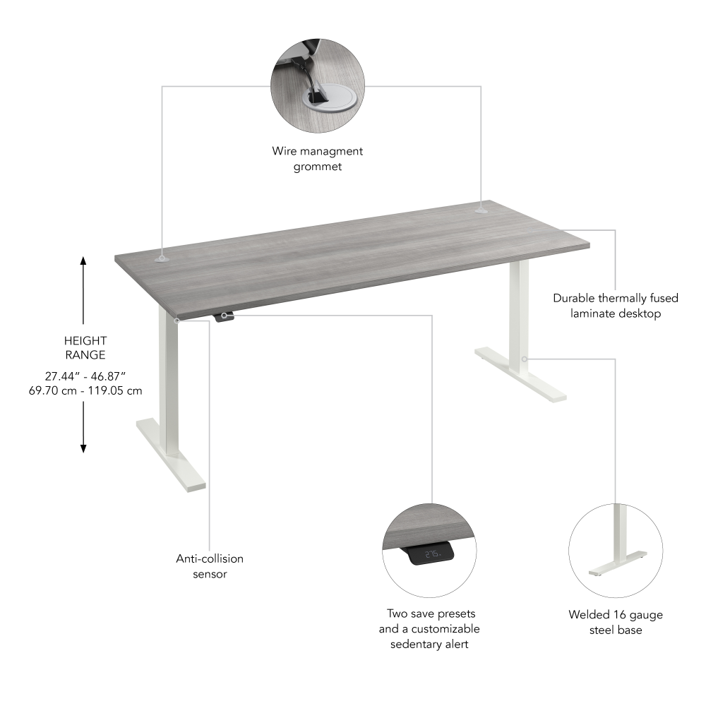 Shop Bush Business Furniture Move 60 Series 72W x 30D Electric Height Adjustable Standing Desk, Image 06, M6S7230PGWK, #color_platinum gray/white powder coat
