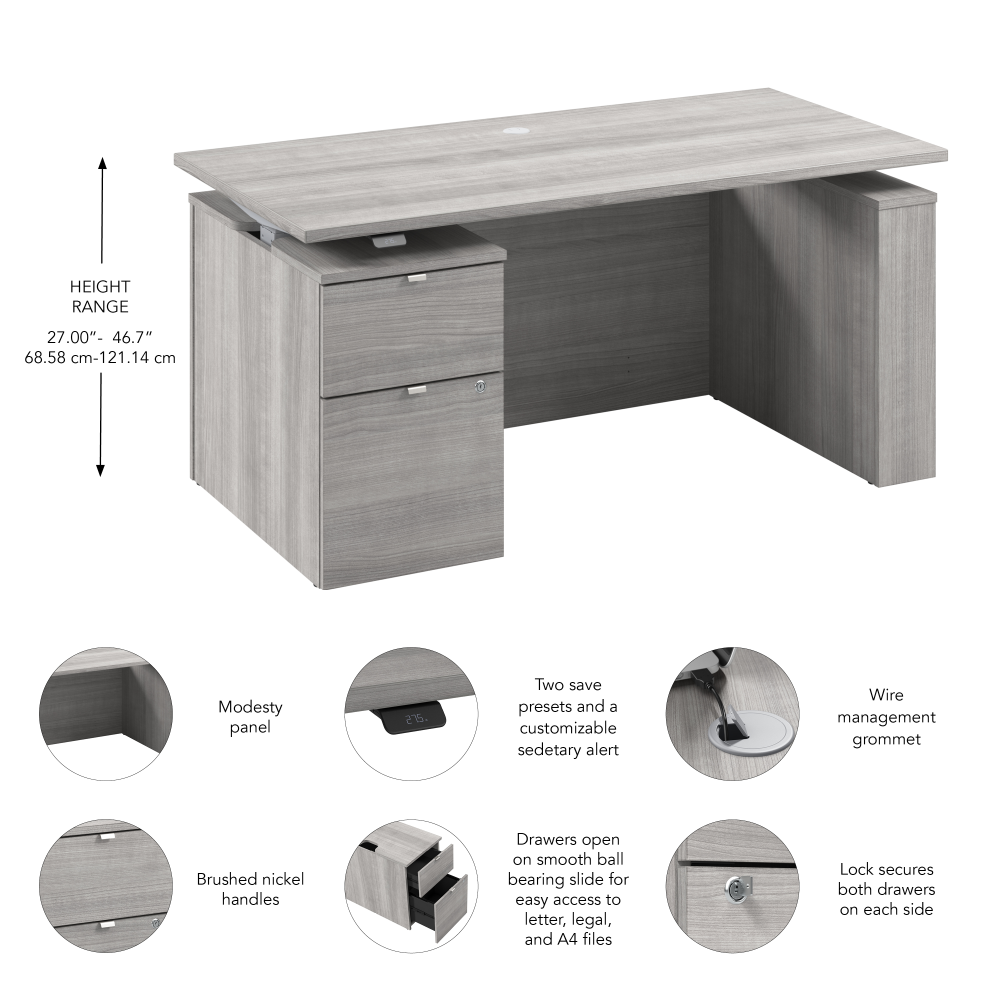 Shop Bush Business Furniture Stratus 60W x 30D Eletric Height Adjustable Standing Desk with File Cabinet, Image 07, SUT007PG, #color_platinum gray