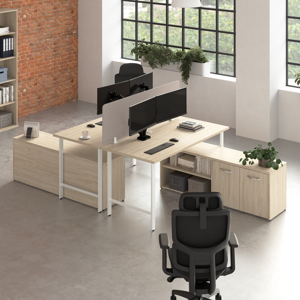 Shop Bush Business Furniture Hustle 2 Person Computer Desk with Low Storage Cabinets, Power Grommets, and Privacy Screen, Image 02, HUS015NE, #color_natural elm