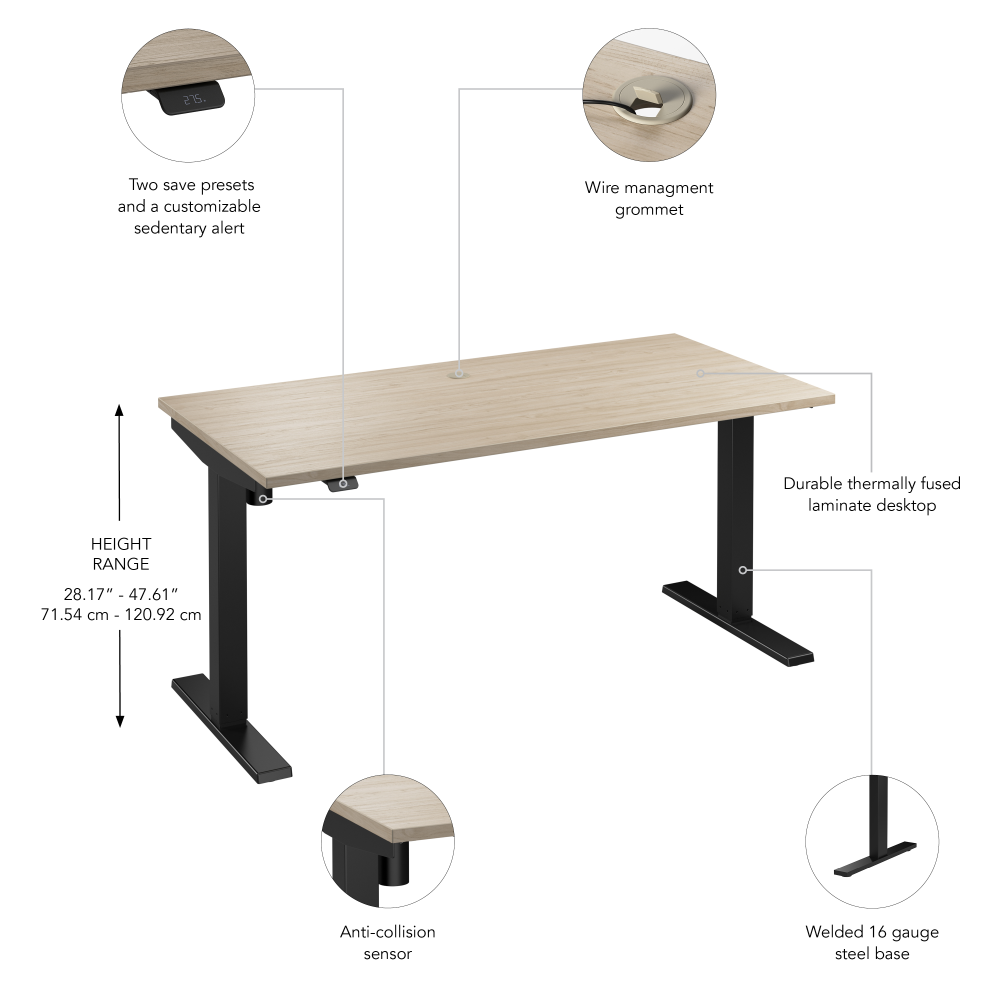 Shop Bush Business Furniture Move 40 Series 60W x 30D Electric Height Adjustable Standing Desk, Image 06, M4S6030NEBK, #color_natural elm/black powder coat