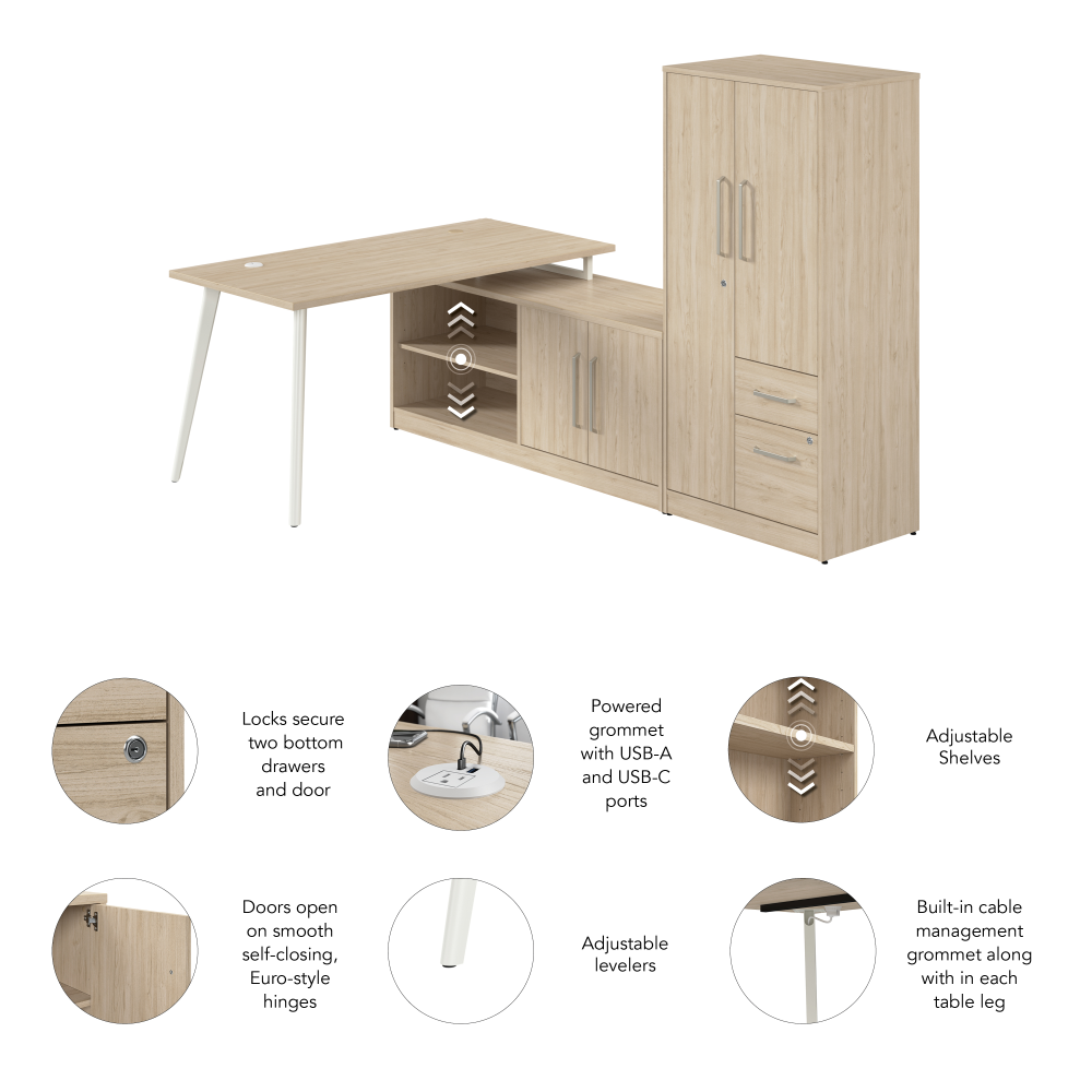 Shop Bush Business Furniture Vista 60W L Shaped Desk with Metal Legs, Low Storage Cabinet, and Wardrobe, Image 06, VST010NE, #color_natural elm
