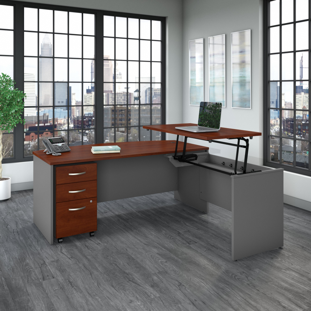 Shop Bush Business Furniture Series C 72W x 36D 3 Position Bow Front Sit to Stand L Shaped Desk with Mobile File Cabinet, Image 02, SRC126HCSU, #color_hansen cherry/graphite gray