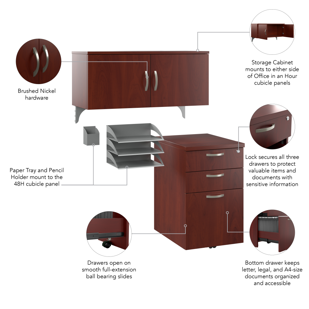 Shop Bush Business Furniture Office in an Hour Cubicle Storage with Cabinet, Drawers, Paper Tray, and Pencil Holder, Image 07, WC36490-03K, #color_hansen cherry