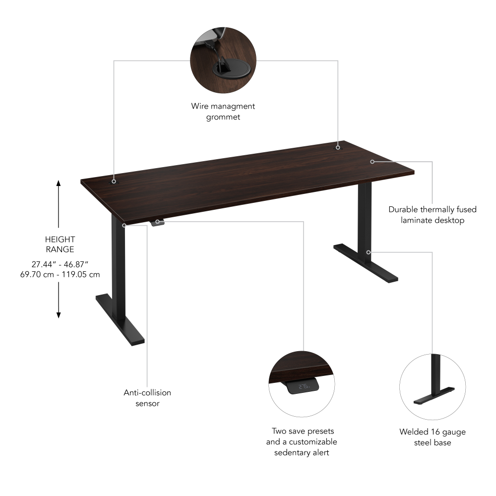 Shop Bush Business Furniture Move 60 Series 72W x 30D Electric Height Adjustable Standing Desk, Image 06, M6S7230BWBK, #color_black walnut/black powder coat
