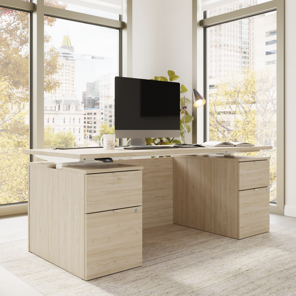 Shop Bush Business Furniture Stratus 72W x 30D Electric Standing Desk with Drawers and Modesty Panel, Image 03, SUT012NE, #color_natural elm